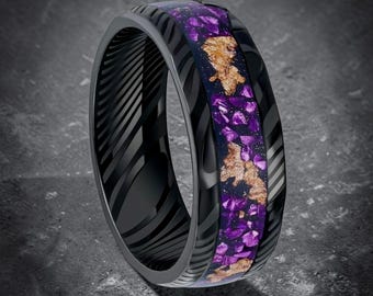 Anello Galassia Viola, fascia in acciaio Damasco Nero, intarsio in lamina d'oro, fede nuziale Nebulosa, anello in tungsteno da 8 mm, anello di fidanzamento unico