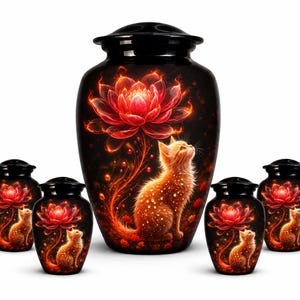 May include: A set of black cremation urns with a vibrant design. The urns feature a red lotus flower and a golden cat. The large urn is surrounded by four smaller urns, all with the same design.