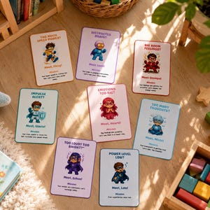 May include: A set of eight rectangular educational cards featuring cartoon superhero characters with text labels including Too Much Speed Power, Distracted Brain, Big Boom Feelings, Impulse Alert, Emotions Too Big, Too Many Thoughts, Too Loud, and Power Level Low.