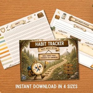 Puede incluir: Tres hojas impresas de seguimiento de hábitos con temática forestal. La hoja frontal muestra un personaje de brújula de dibujos animados en un camino con el texto HABIT TRACKER, BUILD. REPEAT. BECOME. y SMALL HABITS TODAY, STRONGER YOU TOMORROW.