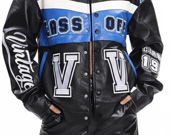 Vintage V Varsity Racing Jacket – Oversized PU Leather Streetwear Coat