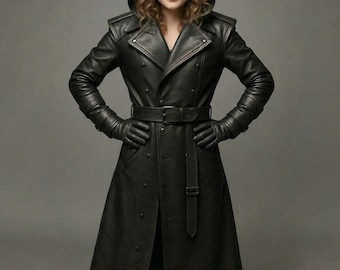 Gabardina cyberpunk de cuero hecha a mano – Abrigo gótico con capucha, abrigo largo de cuero genuino, abrigo oscuro personalizado