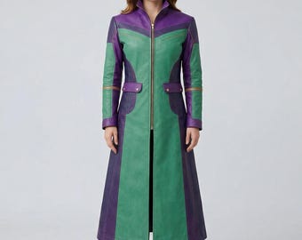 Nuka Cola Quantum Inspired PU Leather Long Trench Coat, Post Apocalyptic Cosplay Outfit, Sci-Fi Convention Costume