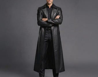 Abrigo largo de piel de cordero estilo gótico Matrix, hecho a mano, estilo gabardina, abrigo largo ajustado para cosplay.