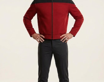 Kurtka z wełny w kolorze czerwonym inspirowana Star Trekiem, oficerski mundur cosplay, ręcznie robiony kostium premium dla mężczyzn