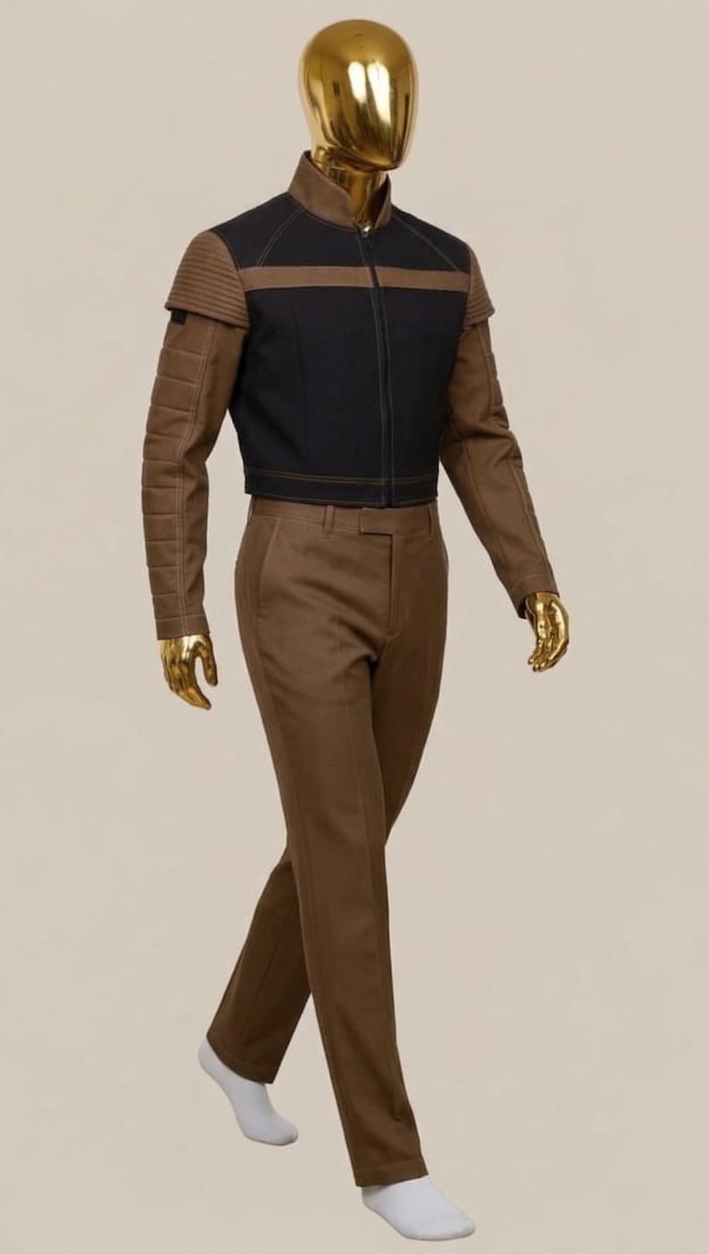 May include: A brown suit displayed on a mannequin. The jacket is black with brown accents and a zipper closure. The pants are brown and straight-legged. The mannequin has a gold head and hands, and is wearing white socks.