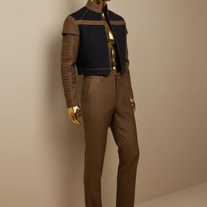 May include: A mannequin displays a futuristic-style outfit. The ensemble includes a black and brown jacket with a high collar, brown pants, and gold-colored shoes. The jacket has a zipper and padded shoulder details. The mannequin's head and hands are gold.