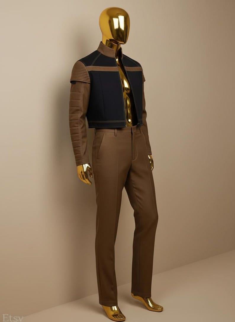 May include: A mannequin displays a futuristic-style outfit. The ensemble includes a black and brown jacket with a high collar, brown pants, and gold-colored shoes. The jacket has a zipper and padded shoulder details. The mannequin's head and hands are gold.
