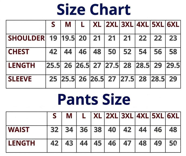 May include: A size chart for clothing, with measurements for shoulder, chest, length, and sleeve. The chart includes sizes from S to 6XL. A separate section details pants sizes, including waist and length measurements, also ranging from S to 6XL.