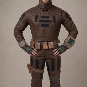 Może przedstawiać: Brązowy futurystyczny kombinezon z wysokim kołnierzem, pikowanym wzorem i czarnymi akcentami. Str&oacute;j zawiera pasek z kieszeniami, rękawice i urządzenie na nadgarstek. Spodnie mają nakolanniki i czarne paski.