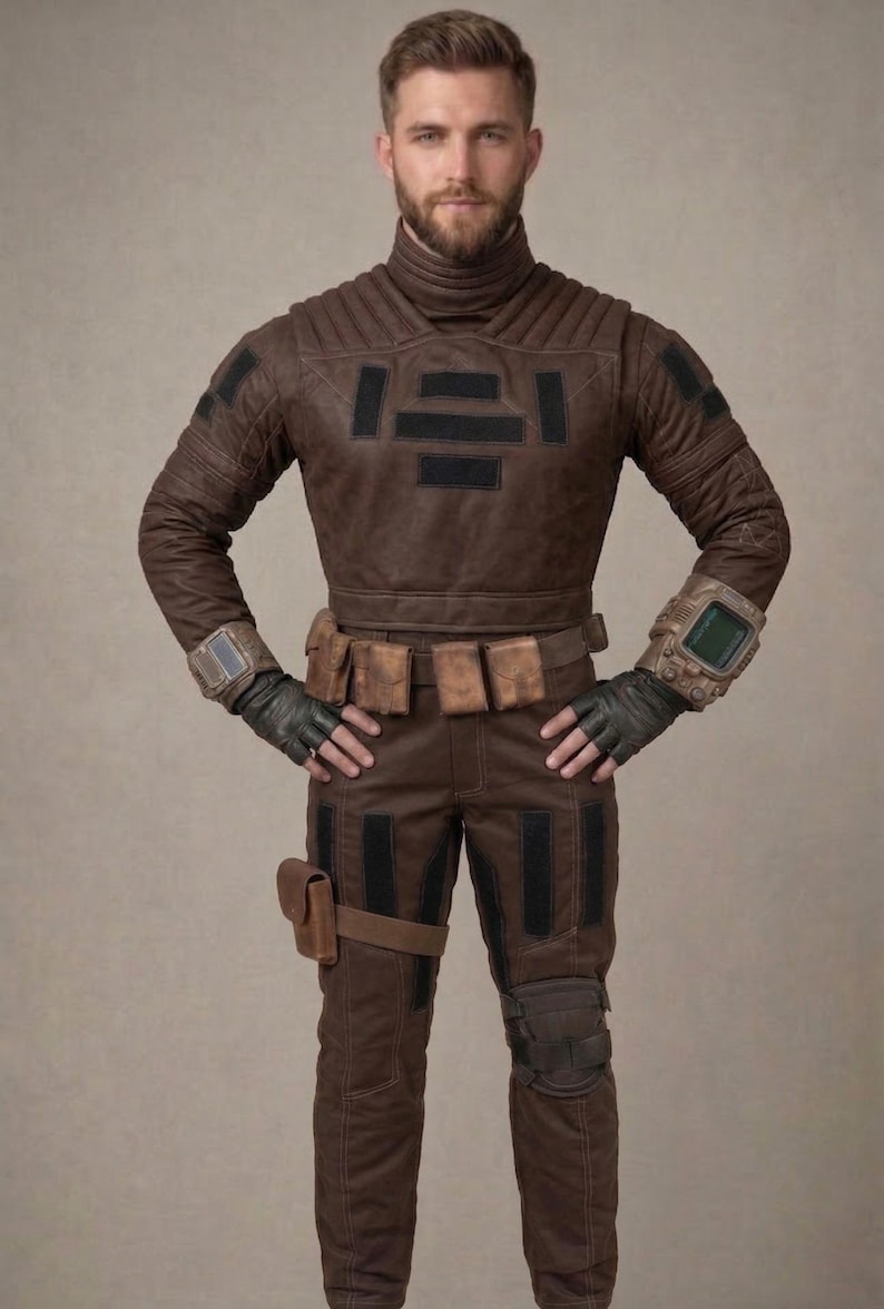 Może przedstawiać: Brązowy futurystyczny kombinezon z wysokim kołnierzem, pikowanym wzorem i czarnymi akcentami. Str&oacute;j zawiera pasek z kieszeniami, rękawice i urządzenie na nadgarstek. Spodnie mają nakolanniki i czarne paski.