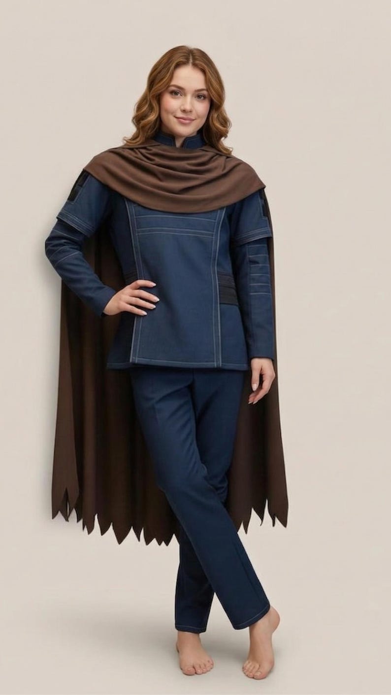 May include: A dark blue outfit with a brown cape. The outfit includes a long-sleeved jacket and matching pants. The cape has a jagged edge. The outfit is worn by a person with long, wavy brown hair.