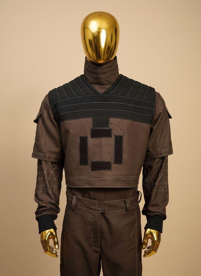 May include: Brown and black futuristic-style outfit. The top has a V-neck with black accents and geometric patches. The long-sleeved shirt has geometric patterns on the sleeves. The outfit includes matching brown pants. The mannequin head and hands are gold.