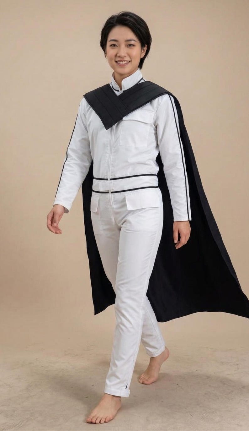 K&ouml;nnte beinhalten: Wei&szlig;er Overall mit schwarzem Besatz und passendem schwarzem Umhang. Der Overall hat lange &Auml;rmel mit schwarzem Streifen, einen Rei&szlig;verschluss vorne und Taschen. Der Umhang ist &uuml;ber den Schultern drapiert. Die Person ist barfu&szlig;.