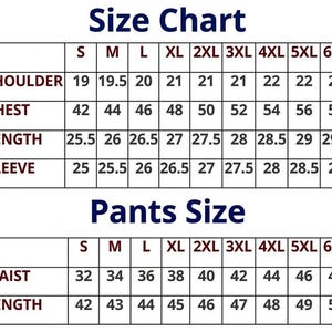 May include: A size chart for clothing, with measurements for shoulder, chest, length, and sleeve. The chart includes sizes from S to 6XL. A separate section details pants sizes, including waist and length measurements, also ranging from S to 6XL.