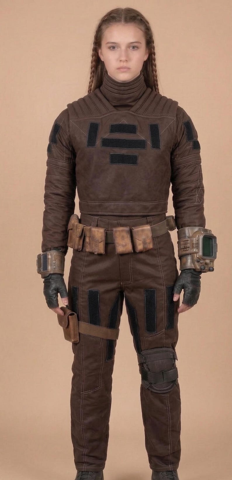 May include: Brown futuristic costume with a high collar, long sleeves, and matching pants. The outfit includes a utility belt with pouches, wrist-mounted devices, and black accents. The costume appears to be made of a durable material.