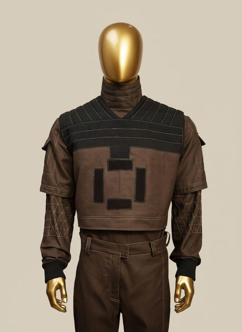 May include: Brown and black two-piece outfit on a mannequin. The top has a high collar and a V-neck with black accents. The sleeves have geometric patterns. The pants are brown with a belt.