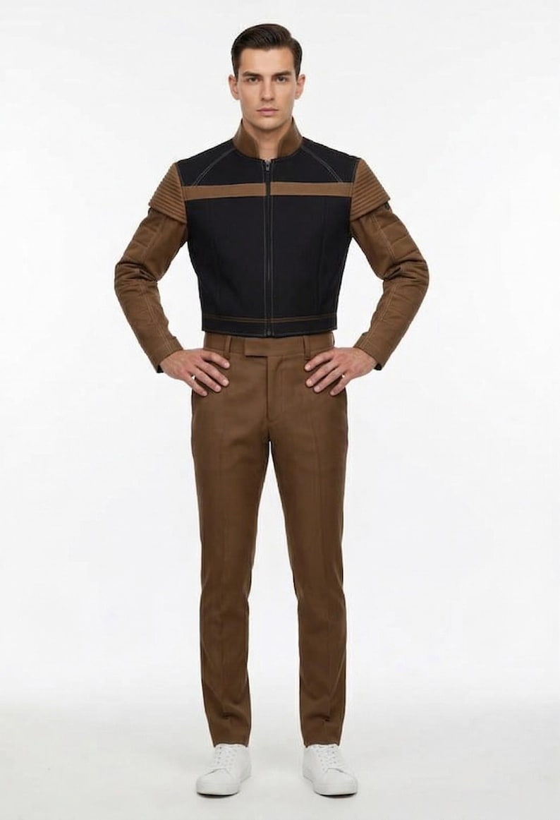 May include: A two-piece outfit featuring a black and brown jacket with a zipper closure and brown pants. The jacket has a high collar and brown sleeves. The pants are a solid brown color.
