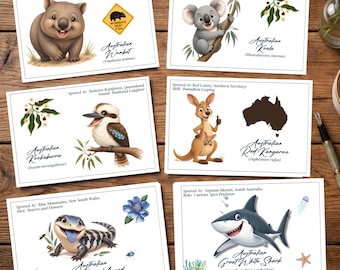 May include: A set of six rectangular educational cards featuring illustrations of Australian animals including a wombat, koala, kookaburra, red kangaroo, blue-tongued lizard, and great white shark, each with descriptive text and scientific names.