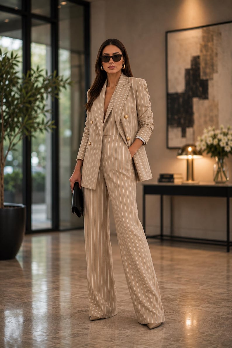 May include: A beige pinstripe suit with a double-breasted blazer and wide-leg trousers. The suit features gold buttons and is paired with a black clutch and sunglasses. The outfit is worn in a well-lit, modern interior setting.
