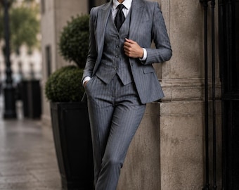 Women's Gray Pinstripe 3 Piece Suit | Blazer Vest Trouser Set | Office Business Formal Pantsuit | Interview Outfit