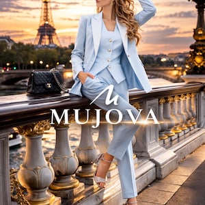 Conjunto de traje de pantalón de 3 piezas azul claro, blazer, chaleco, pantalones, ropa formal para invitados de boda y oficina.