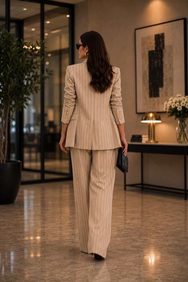 May include: A beige pinstripe suit, comprising a blazer and wide-leg trousers. The blazer features buttoned sleeves and a tailored cut. The person is wearing sunglasses and carrying a black clutch. The suit is a neutral colour, suitable for business or formal wear.