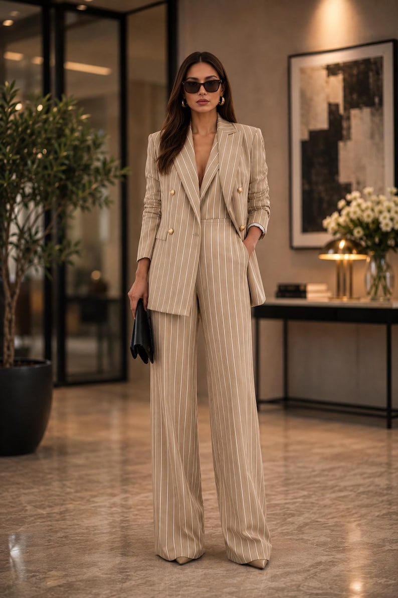May include: A beige pinstripe suit featuring a double-breasted blazer with gold buttons and wide-leg trousers. The outfit is accessorized with sunglasses and a black clutch. This suit is a smart choice for business or formal events.