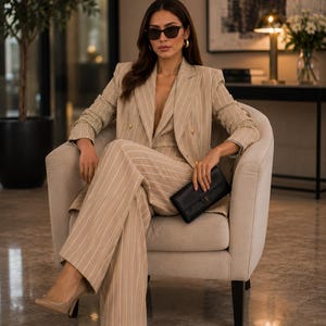 May include: A woman in a beige pinstripe suit, seated in a neutral armchair. The suit comprises a blazer and matching trousers. She wears sunglasses, gold earrings, and nude heels. A black clutch is held in her lap.