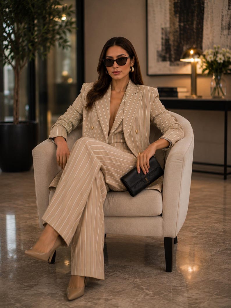 May include: A woman in a beige pinstripe suit, seated in a neutral armchair. The suit comprises a blazer and matching trousers. She wears sunglasses, gold earrings, and nude heels. A black clutch is held in her lap.