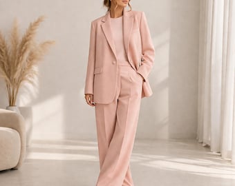 Conjunto de blazer rosa palo para mujer / Traje de dos piezas extragrande / Atuendo formal minimalista / Ropa elegante para la oficina / Traje de corte holgado / MUJOVA
