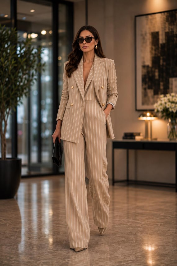 Beige Pinstripe Pantsuit Set, Elegant Blazer, Wide Leg Trousers, Office Wear, Business Outfit