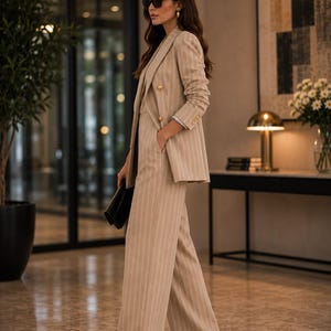 May include: A beige pinstripe suit, featuring a blazer with gold buttons and wide-leg trousers. The suit is paired with sunglasses and a black clutch. The setting is a well-lit, modern interior.