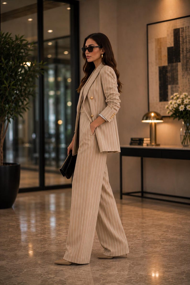 May include: A beige pinstripe suit, featuring a blazer with gold buttons and wide-leg trousers. The suit is paired with sunglasses and a black clutch. The setting is a well-lit, modern interior.