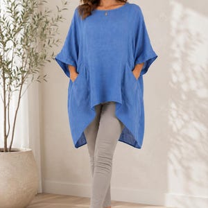 Túnica de lino extragrande, blusa tipo poncho bohemia y relajada, bajo asimétrico, bolsillos.