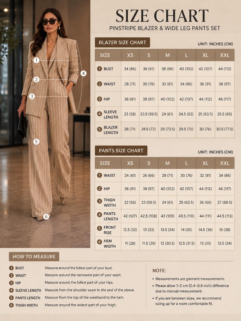 May include: Size chart for a pinstripe blazer and wide-leg trousers set. The chart provides measurements in inches and centimetres for bust, waist, hip, sleeve length, blazer length, thigh width, trousers length, front rise, and hem width.