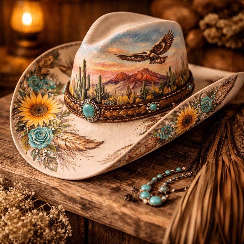 Rustic Desert Hat Floral Cowgirl Hat, Desert Cactus Sunflower Scene, Boho Western Style ...