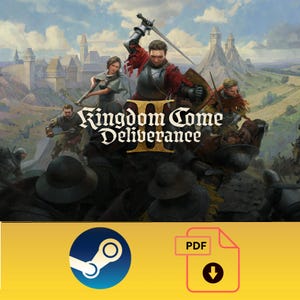 Puede incluir: Ilustración de la portada del juego Kingdom Come Deliverance II. La imagen muestra una escena de batalla medieval con caballeros y arqueros. El título del juego está en una fuente estilizada. Un logotipo de Steam y un icono PDF se encuentran en la parte inferior.