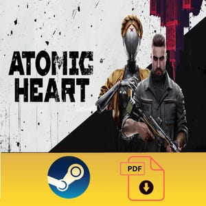 May include: Promotional image for "Atomic Heart" video game. The image features the game's title in large, bold letters, along with a futuristic female robot and a man holding a gun. The background is a mix of black and white with red accents. Includes Steam and PDF icons.
