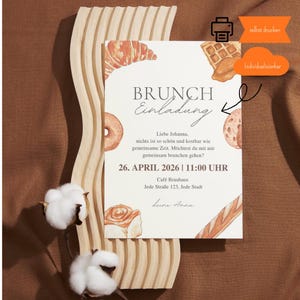 Könnte beinhalten: Eine Brunch-Einladungskarte mit Aquarellillustrationen von Gebäck, darunter ein Croissant, ein Donut und eine Waffel. Die Karte enthält den Text "BRUNCH Einladung" und Details für die Veranstaltung am 26. April 2026 um 11:00 Uhr.