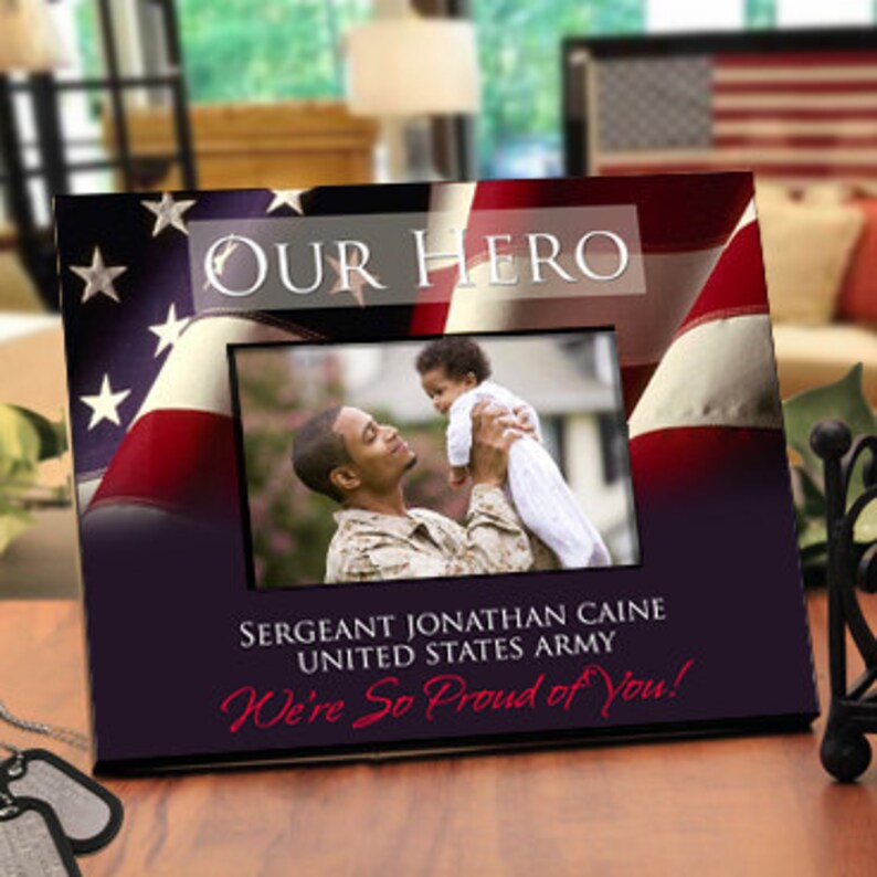 Patriotic Picture Frame with Military Theme Personalize for Your Family/'s Hero
