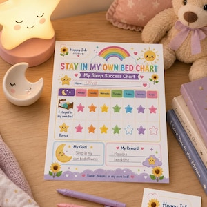 Pode incluir: Uma tabela de sucesso do sono em papel branco intitulada STAY IN MY OWN BED CHART com gráficos de arco-íris, sol e estrelas. Inclui uma linha para o nome, uma grade semanal, uma seção de metas, uma seção de recompensas e o texto Sweet dreams in my own bed.