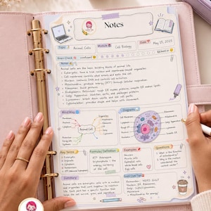 May include: A light pink ring-bound planner containing a printed study sheet about animal cells. The page features sections for notes, a mind map, a diagram of a cell, key terms, and exam tips with the date May 15, 2025, and a Happy Ink logo.