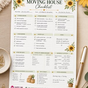 Könnte beinhalten: Ein gedrucktes Umzugs-Checklisten-Dokument mit Sonnenblumen-Illustrationen, unterteilt in Abschnitte wie 8 Wochen vorher, 4 Wochen vorher, 2 Wochen vorher, 1 Woche vorher, Umzugstag, Notizen, nach dem Umzug, Adress-Tracker und Kontakte.