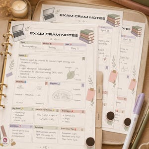 Puede incluir: Un conjunto de hojas de estudio impresas tituladas Exam Cram Notes que presentan temas de biología como la fotosíntesis, diagramas de cloroplastos y fórmulas químicas. Las páginas incluyen secciones para mapas mentales, términos clave y resúmenes, decoradas con pequeñas ilustraciones de libros y portátiles.