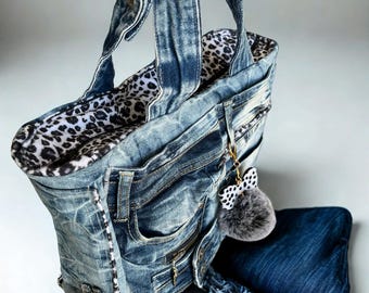 Recycled Denim Handbag, Handmade Tote with Pockets, Leopard Lined Bag.