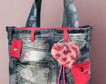 Recycled Denim Floral Handbag, Handmade Tote Bag with Pockets.
