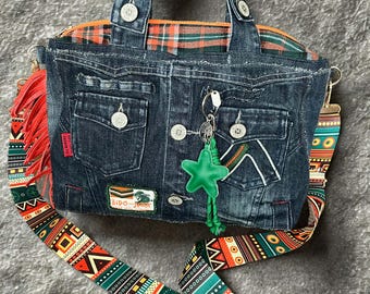 Recycled Denim Handbag, Boho Tribal Strap, Multiple Pockets