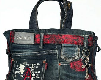 Recycled Denim Handbag, Rose Patchwork, Multiple Pockets, Tote Bag.