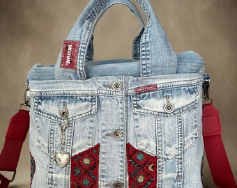 Recycled Denim Handbag, Handmade Pockets, Boho Style Bag